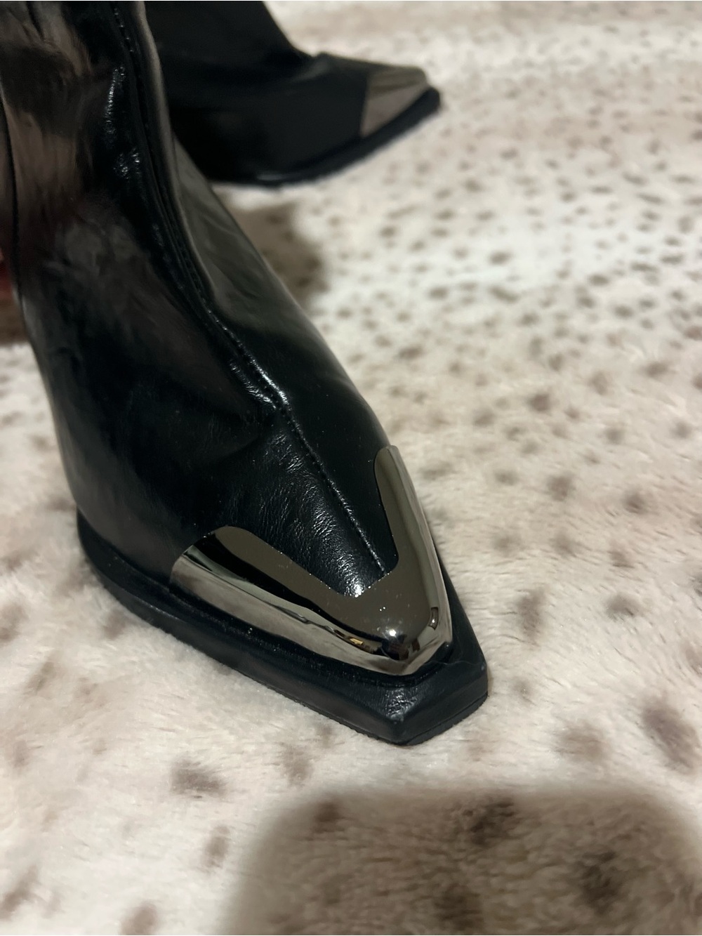 Black Leather Pointed Toe Booties with Metallic Cap